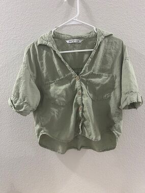 Zara Olive Green Cropped Linen Blend Button Shirt
